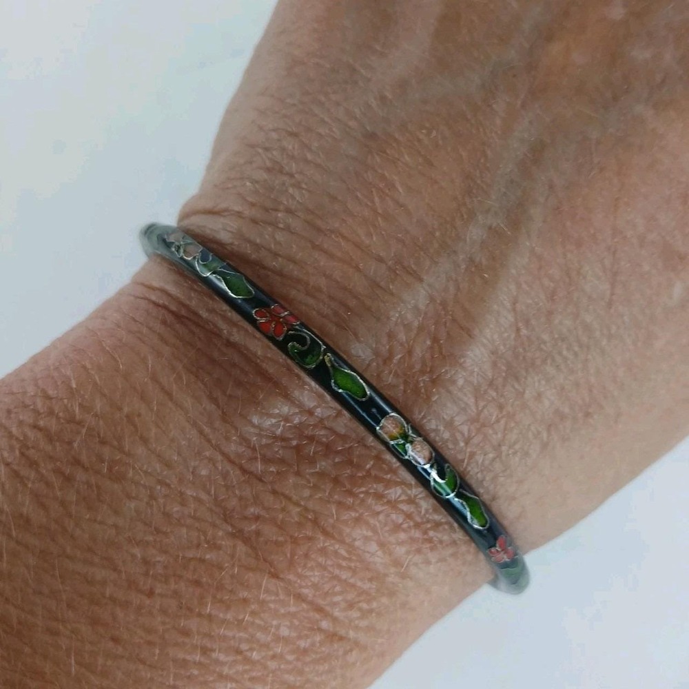 Vintage Asian Cloisonne Enamel Bangle Bracelet BlackW/Green Red Pink Gold Floral